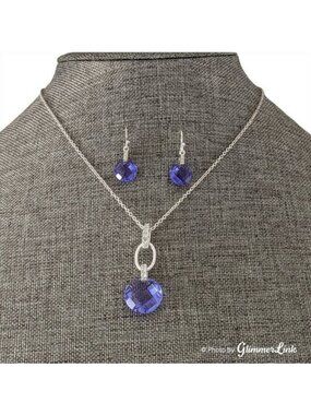 AVON Blue Purple Pendant Necklace Earrings Set Silver Tone